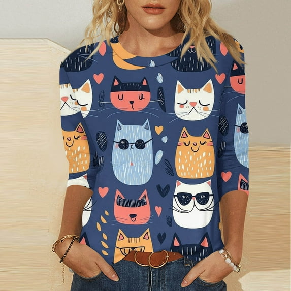 Delliss Womens Tops 3/4 Sleeve Shirts Crew Neck Loose Casual Blouses Cat Print Tshirts S-2XL