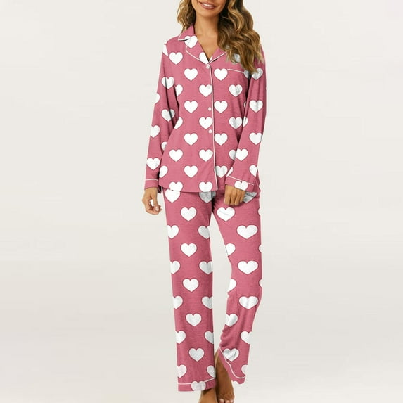 Delliss Womens Trendy Pajama Sets Cute Heart Print Long Sleeve Button Down Shirt With Long Pants