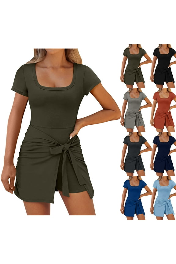 Womens U Neck Tennis Dress Short Sleeve Wrap Skirt Built in Shorts Workout Rompers Dark Gray L