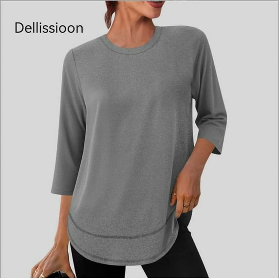 Dellissioon Women's Sports Quick Dry Sun Protection T-Shirt Crew Neck Solid Color 3/4 Sleeve Top