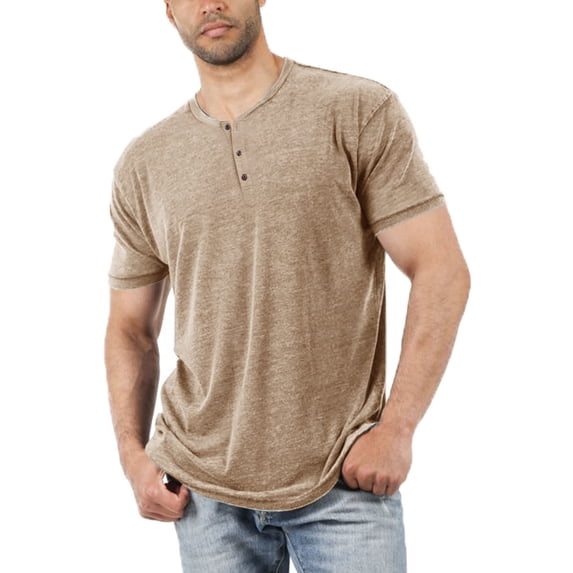 Dellytop Men Short Sleeve Solid Color Button-Up Henley V Neck T-Shirt