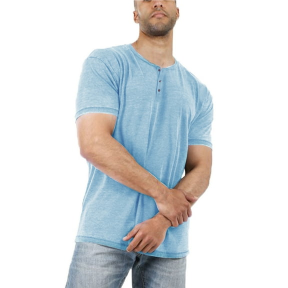 Dellytop Men Short Sleeve Solid Color Button-Up Henley V Neck T-Shirt
