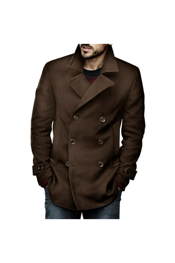 Mens Classic Wool Blend Pea Coat Double Breasted Trench Coat