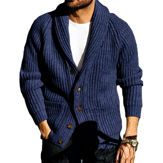 Dellytop Mens Shawl Collar Button Down Open Front Cable Knitted Ribbed Cardigan Sweaters