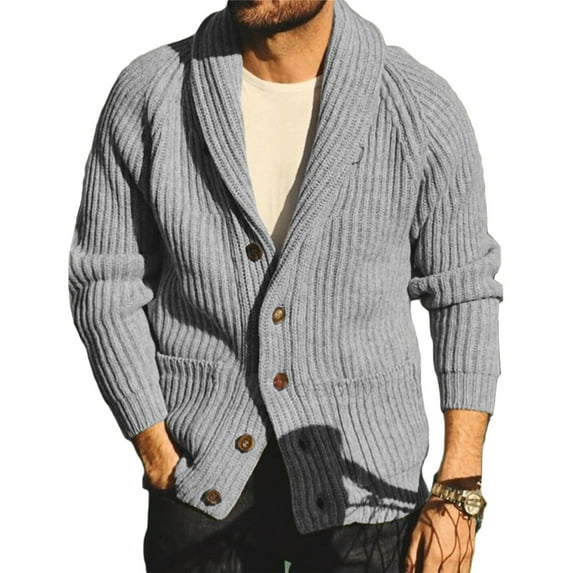 Dellytop Mens Shawl Collar Button Down Open Front Cable Knitted Ribbed Cardigan Sweaters