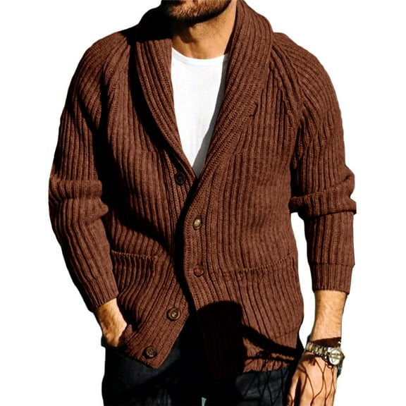 Dellytop Mens Shawl Collar Button Down Open Front Cable Knitted Ribbed Cardigan Sweaters