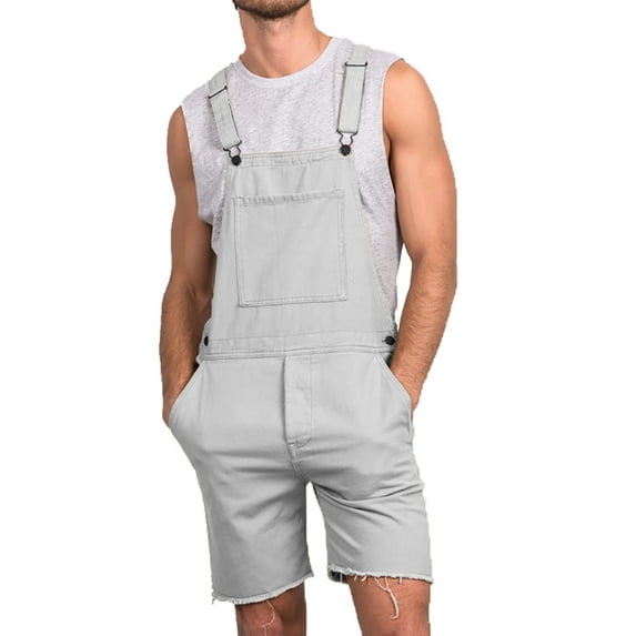 Dellytop Mens Solid Color Pockets Bib Overalls Romper Shorts Gray XL