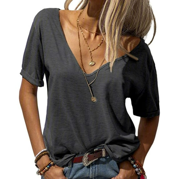 Dellytop Women Deep V-Neck Short Sleeve Tops Solid Basic T Shirt