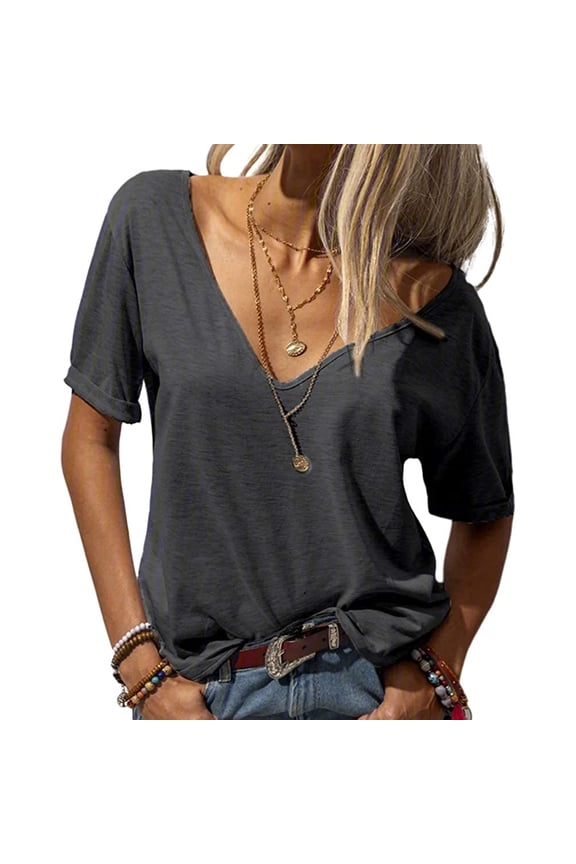 Women Deep V-Neck Short Sleeve Tops Solid Basic T Shirt
