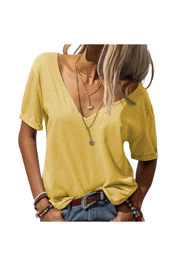 Women Deep V-Neck Short Sleeve Tops Solid Basic T Shirt