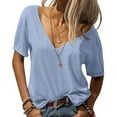 thumbnail image 1 of Dellytop Women Deep V-Neck Short Sleeve Tops Solid Basic T Shirt, 1 of 2