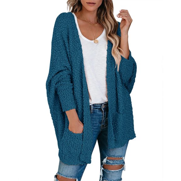Dellytop Women Fuzzy Popcorn Batwing Oversized Knit Cardigan Sweaters