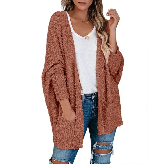 Dellytop Women Fuzzy Popcorn Batwing Oversized Knit Cardigan Sweaters