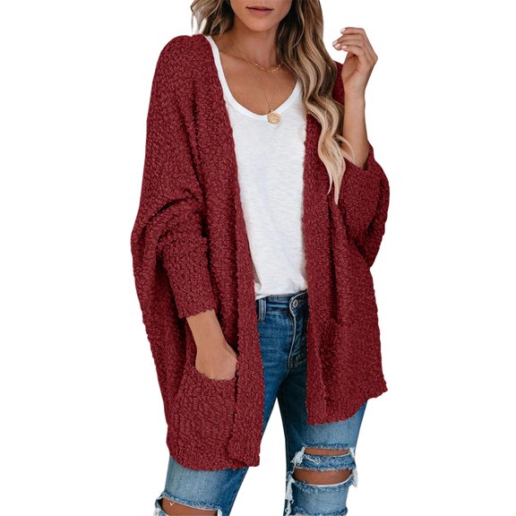 Dellytop Women Fuzzy Popcorn Batwing Oversized Knit Cardigan Sweaters