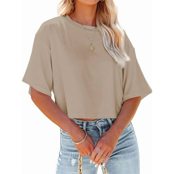 Dellytop Women Half Sleeve Drop Shoulder Solid Color Basic Crop Tops