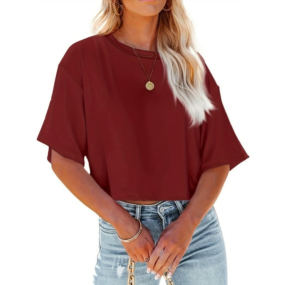 Dellytop Women Half Sleeve Drop Shoulder Solid Color Basic Crop Tops