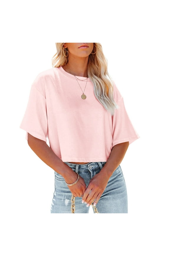 Women Half Sleeve Drop Shoulder Solid Color Basic Crop Tops