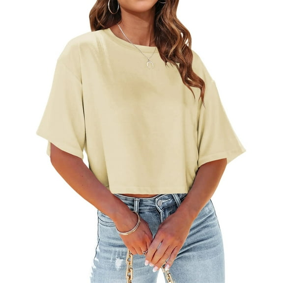 Dellytop Women Half Sleeve Drop Shoulder Solid Color Basic Crop Tops