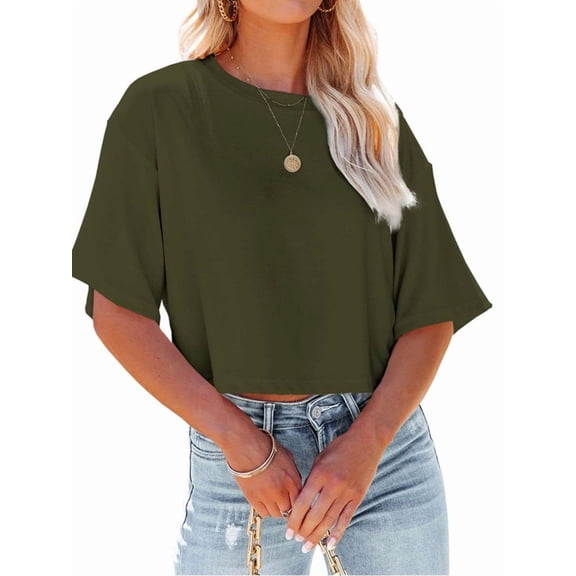 Dellytop Women Half Sleeve Drop Shoulder Solid Color Basic Crop Tops