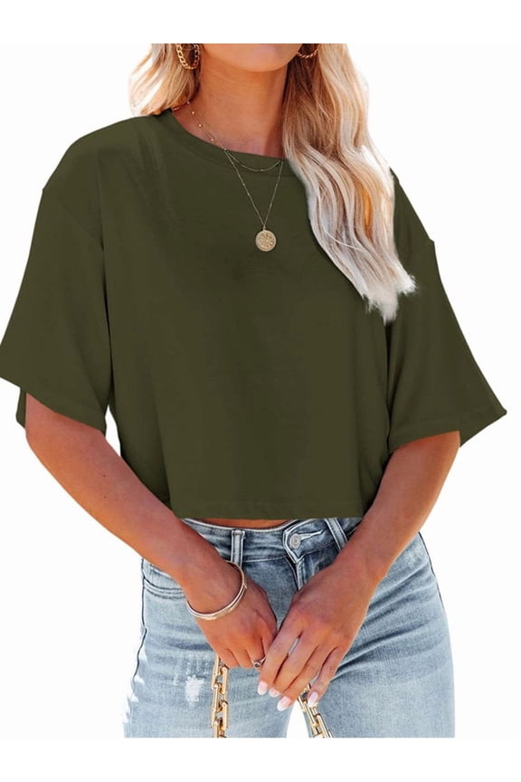 Women Half Sleeve Drop Shoulder Solid Color Basic Crop Tops