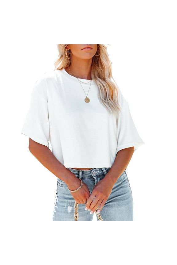 Women Half Sleeve Drop Shoulder Solid Color Basic Crop Tops
