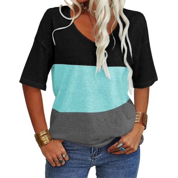 Dellytop Women V-Neck Half Sleeves Color Patchwork T Shirt