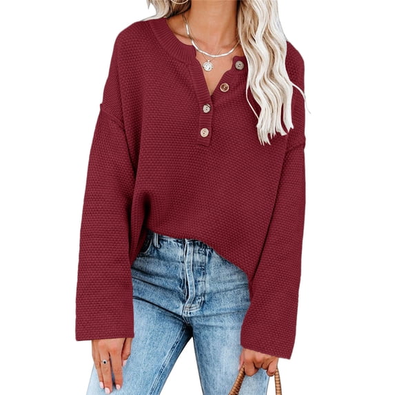 Dellytop Women's Batwing Long Sleeve Loose V Neck Button Henley Knit Sweaters Pullover