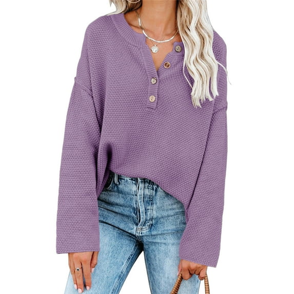 Dellytop Women's Batwing Long Sleeve Loose V Neck Button Henley Knit Sweaters Pullover