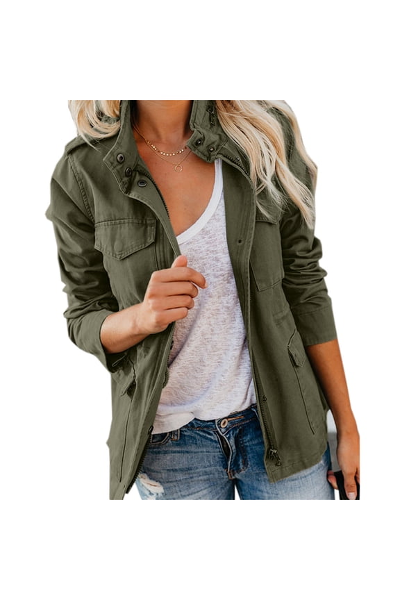 Women's Parka Stand-Up Collar More Pockets Utility Jacket