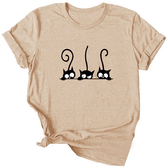 Dellytop Women's Three Cats Printed Solid Color Basic Short-Sleeved T-Shirt