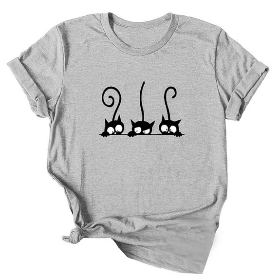 Dellytop Women's Three Cats Printed Solid Color Basic Short-Sleeved T-Shirt