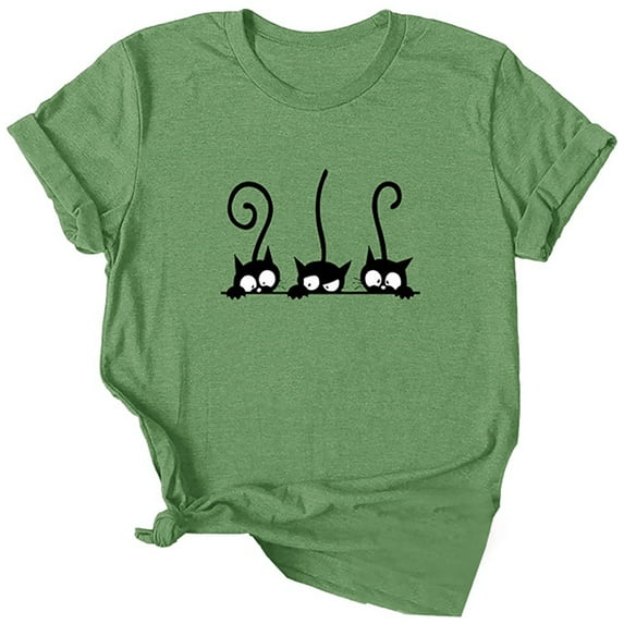 Dellytop Women's Three Cats Printed Solid Color Basic Short-Sleeved T-Shirt