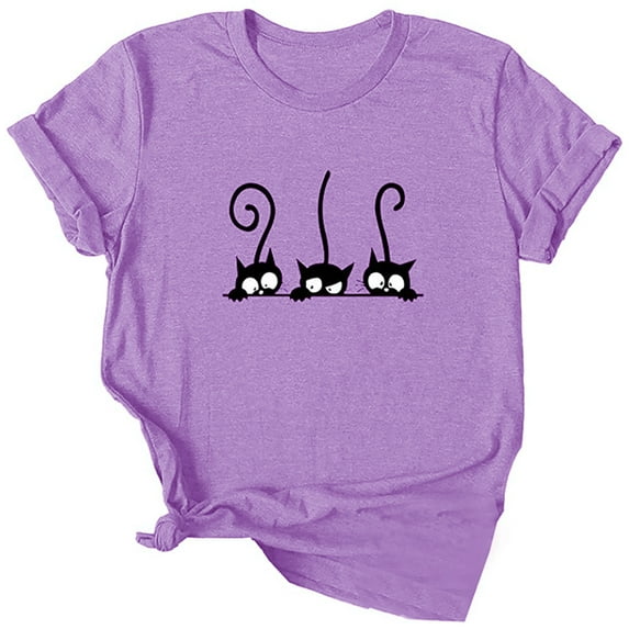 Dellytop Women's Three Cats Printed Solid Color Basic Short-Sleeved T-Shirt