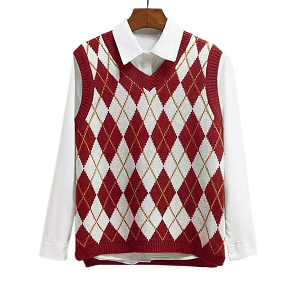 Dellytop Women's V Neck Knit Plaid Preppy Style Knitwear Sweater Vest