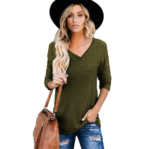 Dellytop Womens 3/4 Sleeve V Neck Solid Color Summer T Shirts