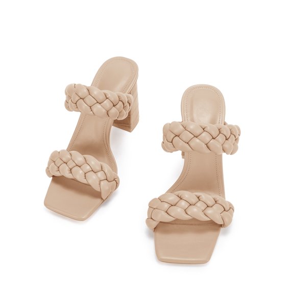 Dellytop Womens Backless Square Open Toe Block Strappy Slip On Slide Shoes Braided Heeled Sandals