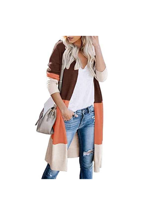 Womens Boho Open Front Cardigan Colorblock Long Sleeve Loose Knit Sweaters