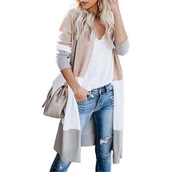 Dellytop Womens Boho Open Front Cardigan Colorblock Long Sleeve Loose Knit Sweaters