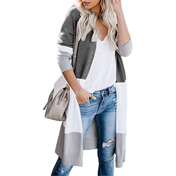 Dellytop Womens Boho Open Front Cardigan Colorblock Long Sleeve Loose Knit Sweaters