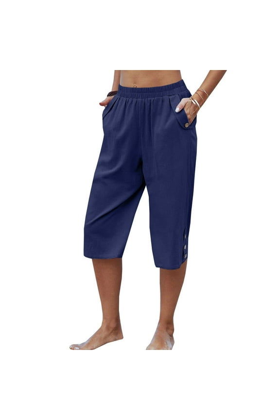 Womens Casual Elastic Waist Solid Color 3/4 Summer Capri Pants