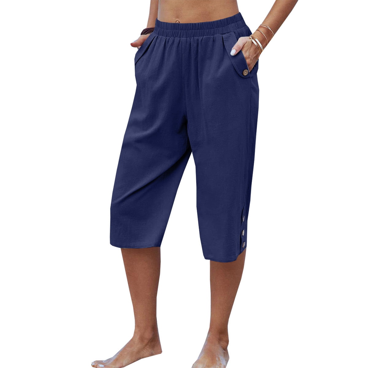 Dellytop Womens Casual Elastic Waist Solid Color 3/4 Summer Capri Pants ...