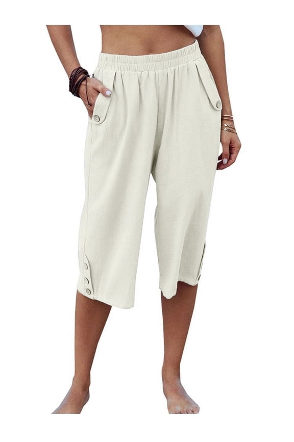 Womens Casual Elastic Waist Solid Color 3/4 Summer Capri Pants