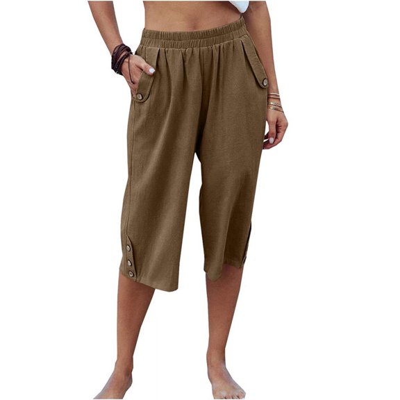 Dellytop Womens Casual Elastic Waist Solid Color 3/4 Summer Capri Pants