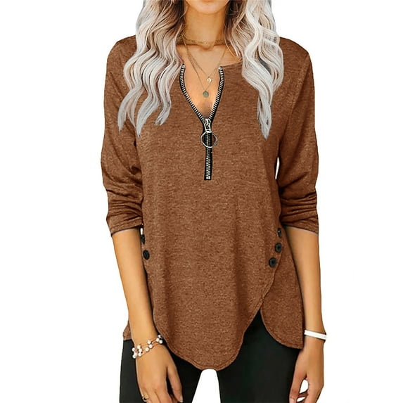 Dellytop Womens Casual Long Sleeve Round Neck Button Side Blouses Tops