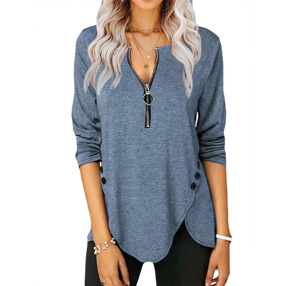 Dellytop Womens Casual Long Sleeve Round Neck Button Side Blouses Tops