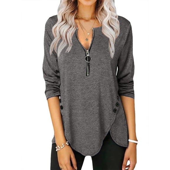 Dellytop Womens Casual Long Sleeve Round Neck Button Side Blouses Tops