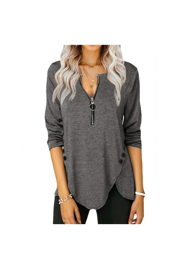 Womens Casual Long Sleeve Round Neck Button Side Blouses Tops