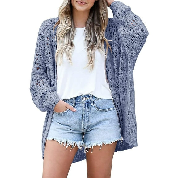 Dellytop Womens Crochet Boho Solid Color Open Front Cardigan Sweater Blue S
