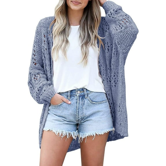Dellytop Womens Crochet Boho Solid Color Open Front Cardigan Sweater Blue S