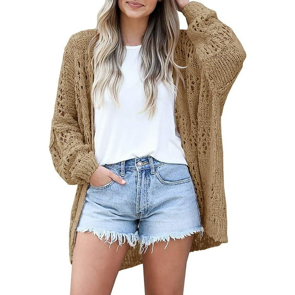 Dellytop Womens Crochet Boho Solid Color Open Front Cardigan Sweater Camel L